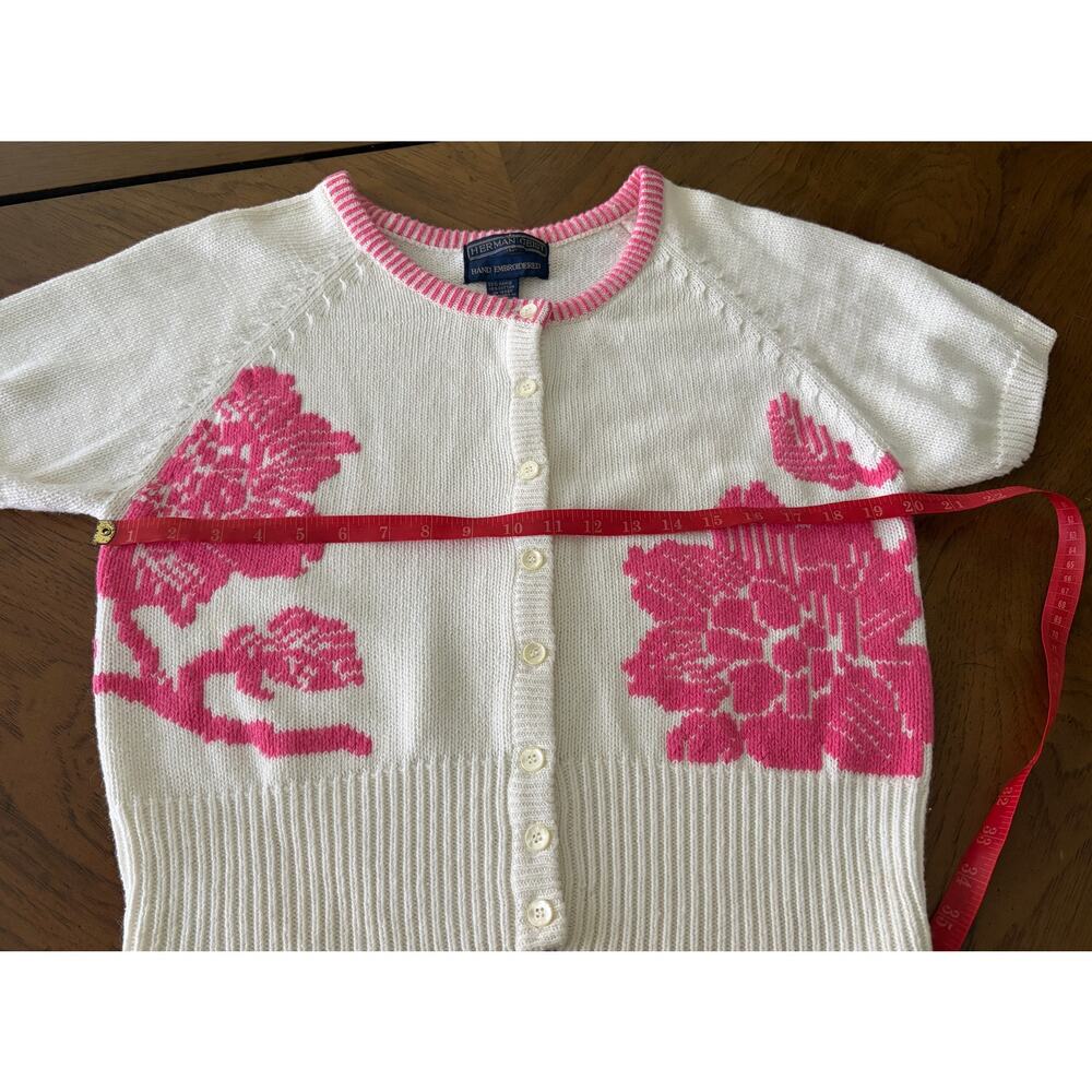 Vintage Herman Geist Floral Knit Short Sleeve Cardigan Sweater Cottagecore L - Picture 8 of 10